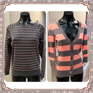 SET OF 2 Coral & Gray Striped Sweater Tops Long Sleeves Peach Button-Up Cardigan